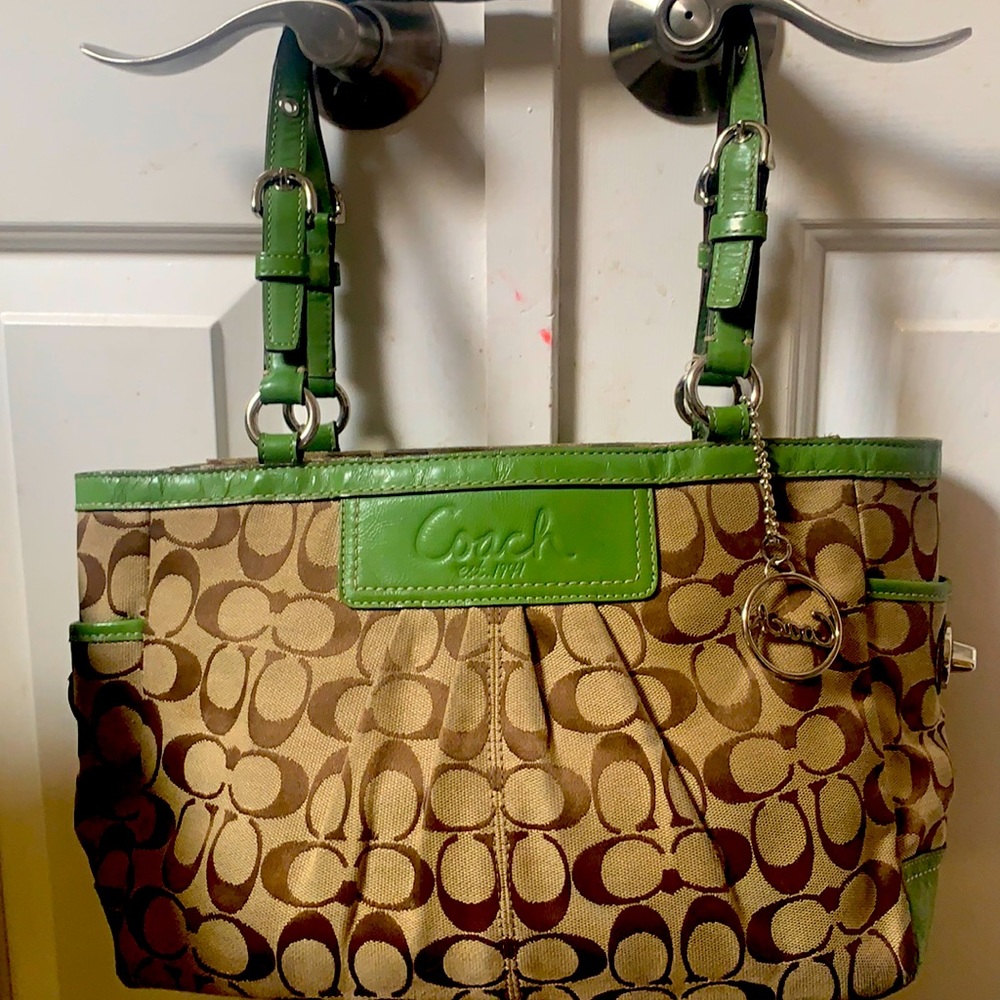 Tan with green leather COACH handbag